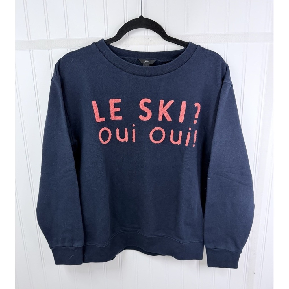 J Crew Apres Sweater Medium Navy Le Ski Oui Oui Graphic Ski Chalet Cottagecore - Picture 2 of 12